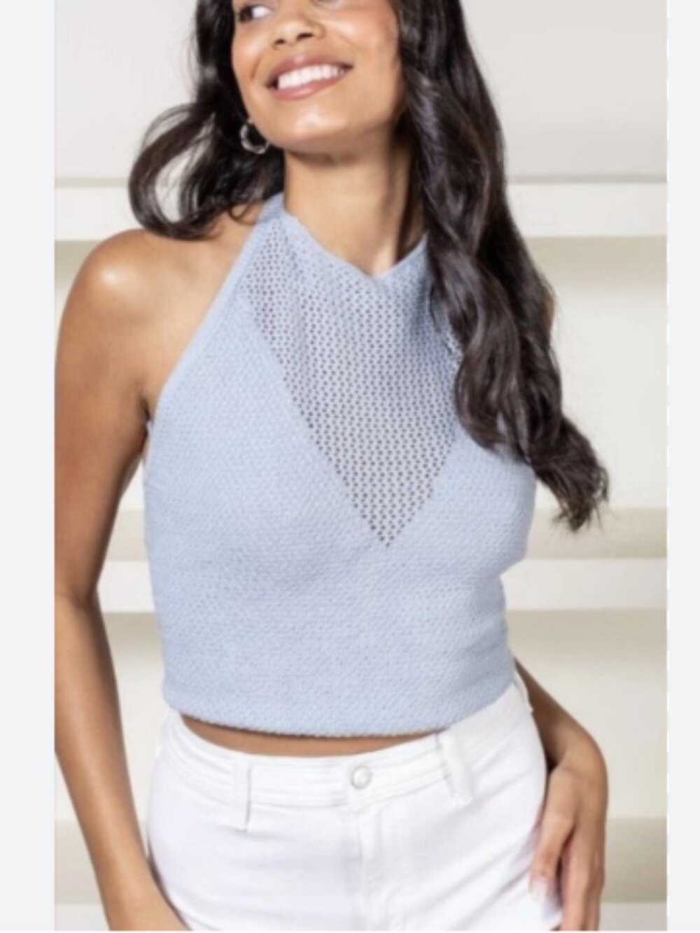 NWT 525 America Knit Tie Back Halter Top Lake Blue Size Medium